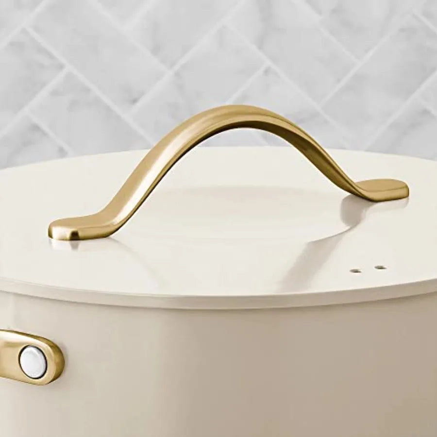 11-Piece Modern Ceramic Cookware Set in Cream with gold-tone lid handle