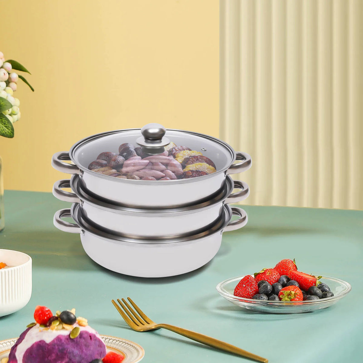 3-tier stainless steel steamer set with glass lid, silver, 28cm