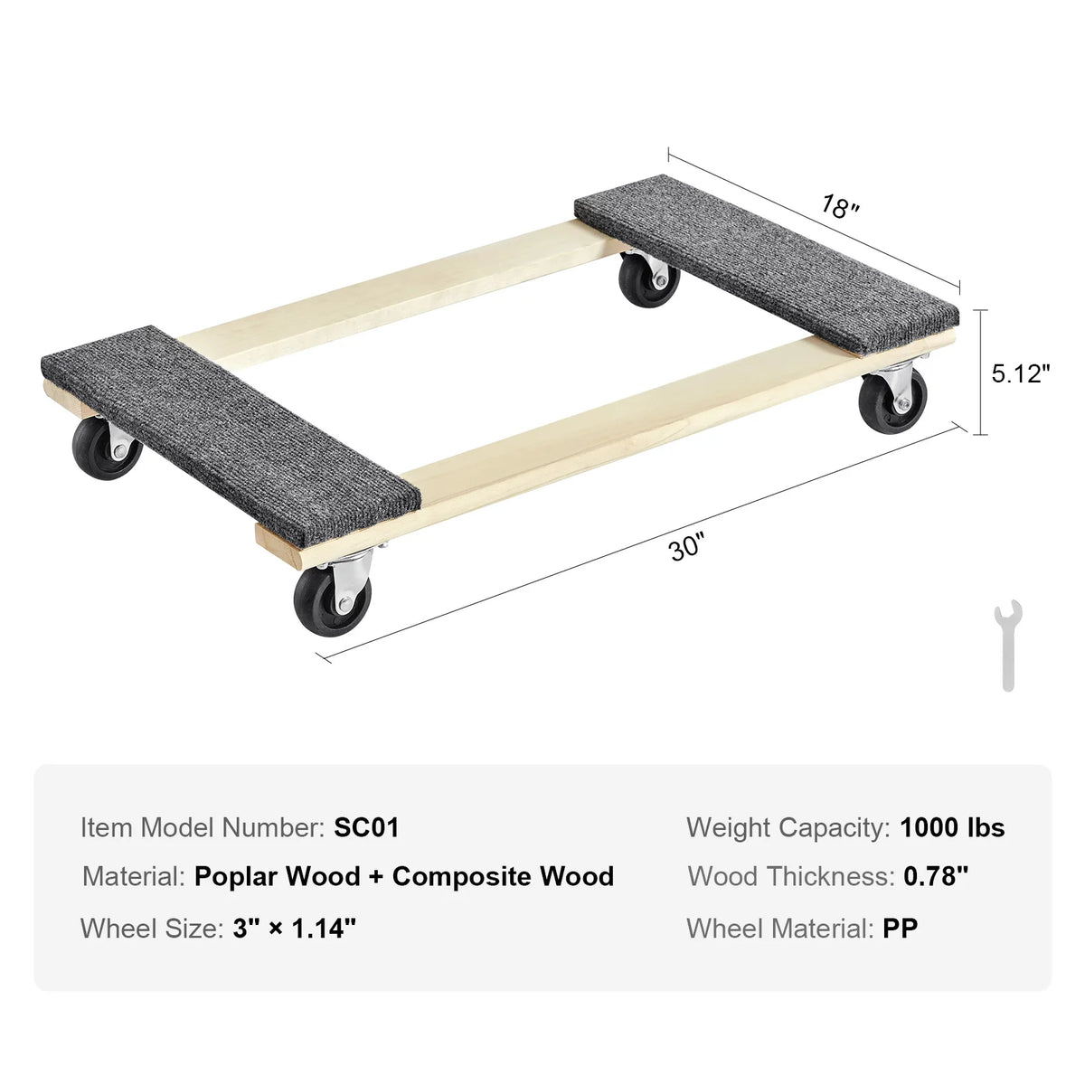 Pallet trolley for furniture moving with swivel casters; wood frame with carpeted steps, 30in x 18in, 1000 lb capacity