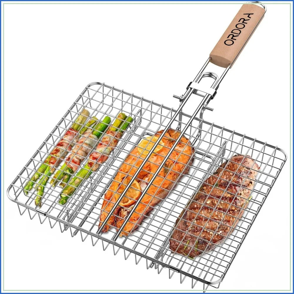 Deep stainless steel BBQ grilling basket with detachable wooden handle, three-section design for fish, veggies and meat