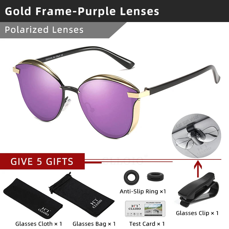 CLLOIO polarized sunglasses for women, gold-frame purple lenses, 5-gift accessory set