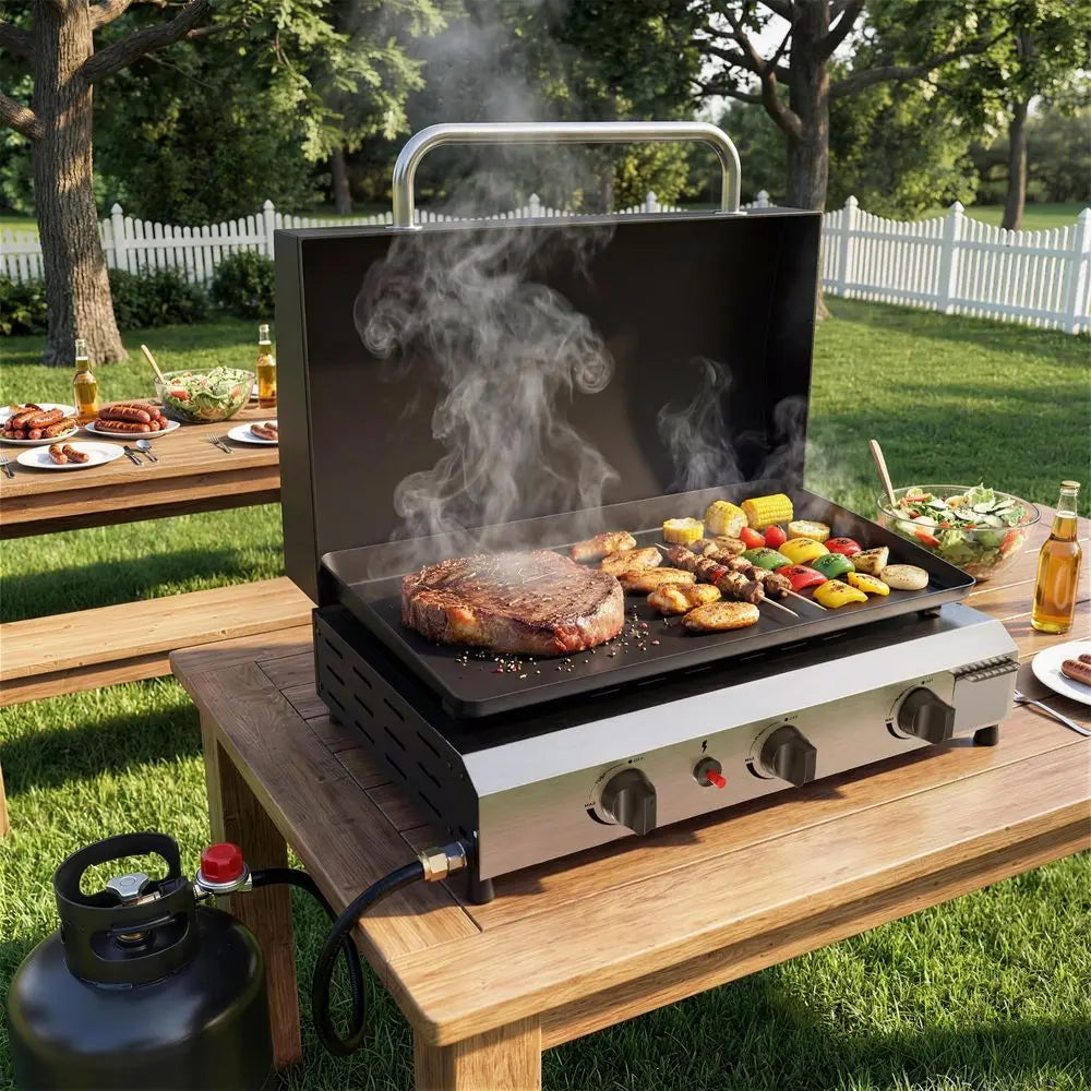 Burner BBQ Gas Griddle with Hood, 25.6 Inch Stainless Steel Portable Detachable Propane Griddle, 45,000 BTU Flat Top Grill with by S And B Enterprise