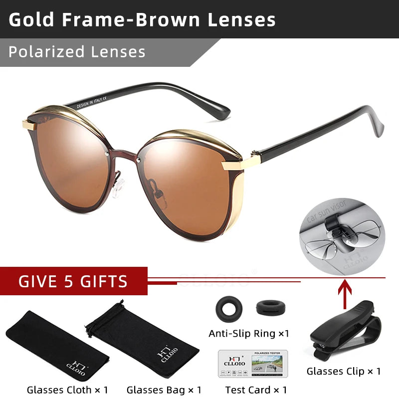 CLLOIO polarized sunglasses for women with gold-frame brown-lens cat-eye style; includes 5 gift accessories.