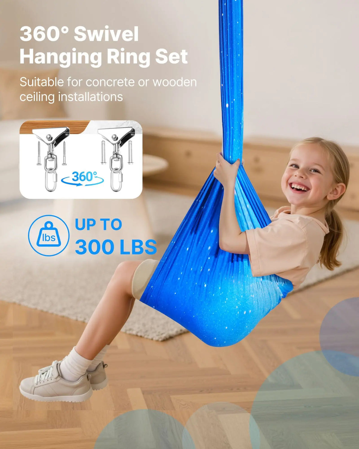 Sensory Swing blue double-layer fabric hammock with 360° swivel hanger for indoor/outdoor use; supports up to 300 lbs