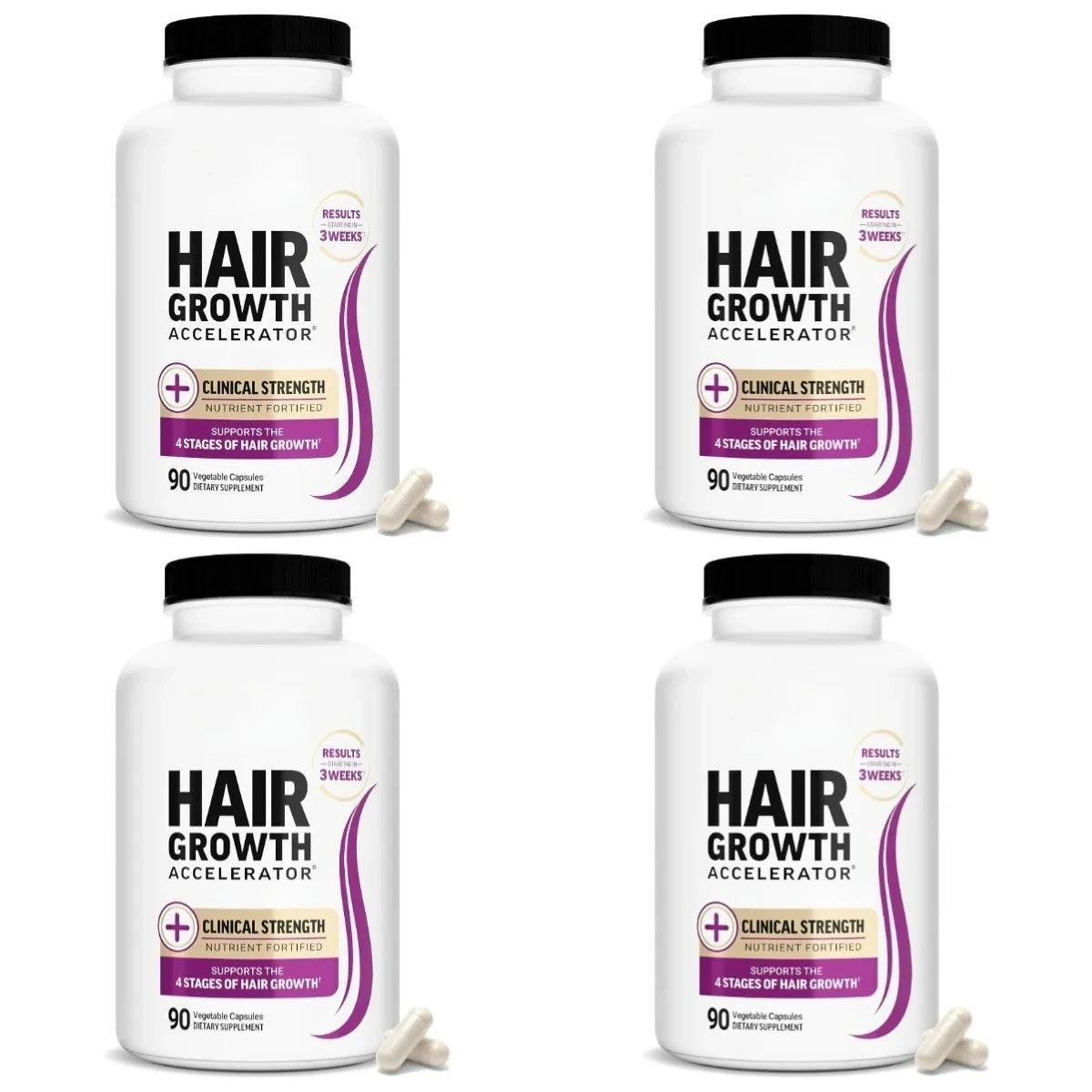 Hair Growth Accelerator Clinical Strength supplement bottles; four bottles with purple accents by S And B Enterprise