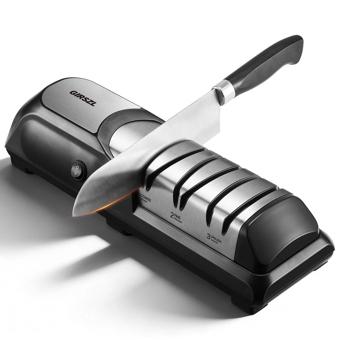 GIRSZL electric knife sharpener; three-stage Coarse–Fine–Polish slots with fixed 15° angle, metal housing
