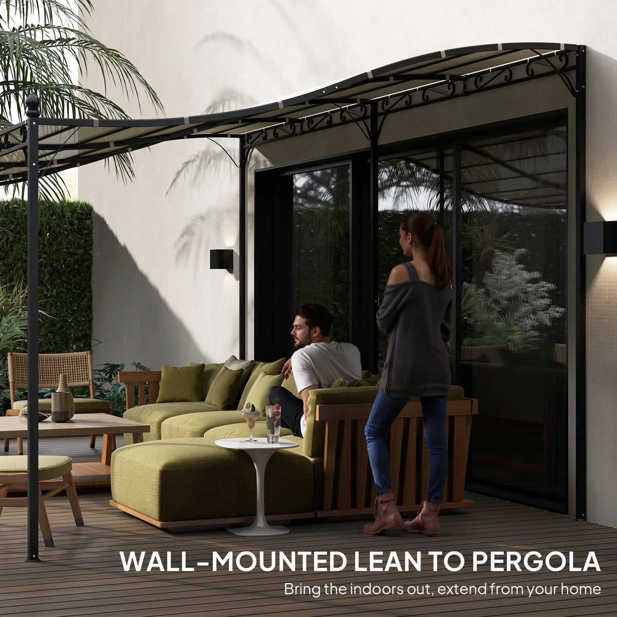 Pergola canopy, cream white, metal frame, wall-mounted lean-to patio cover by S And B Enterprise.