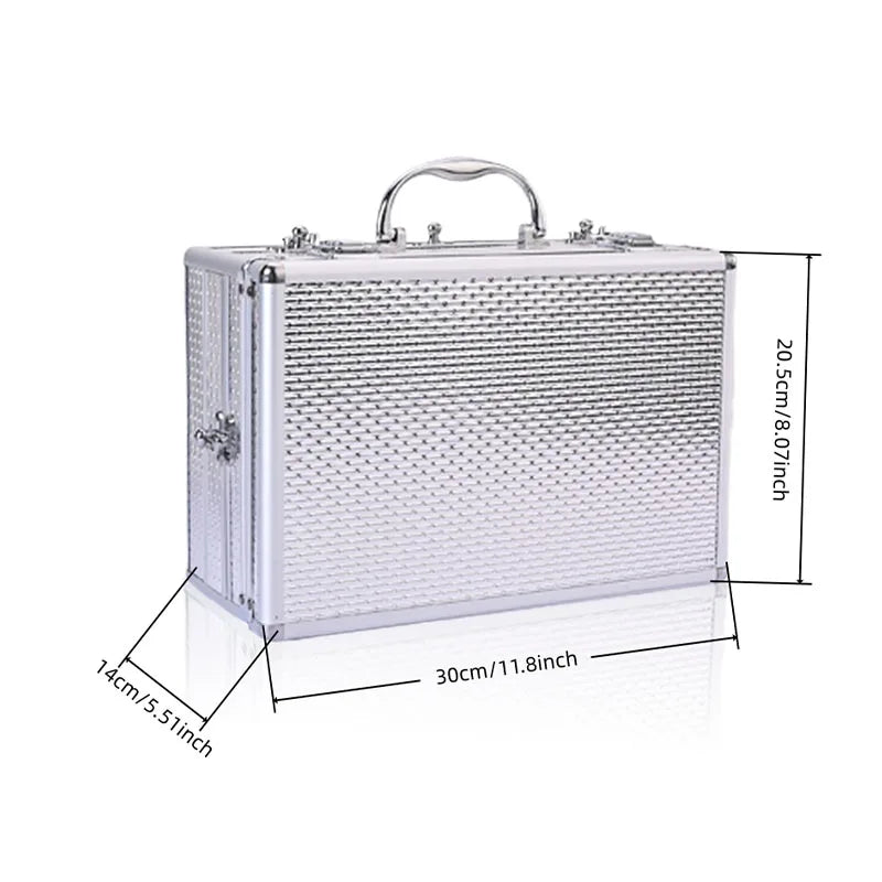 Silver textured makeup case with handle and latches; portable gift box, 30 × 14 × 20 cm.