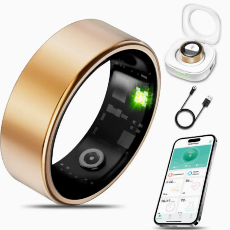 Gold smart ring R09 health monitor 4-item set with charging case, USB cable, and smartphone app display