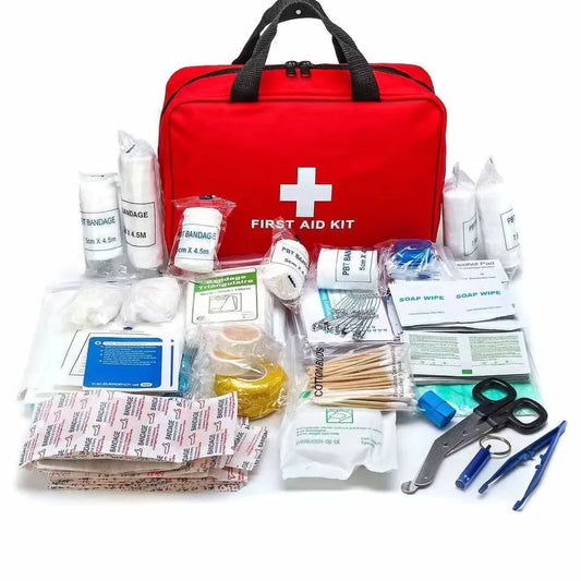 Red portable first aid kit bag with 184pc multi‑purpose emergency medical supplies for outdoor use