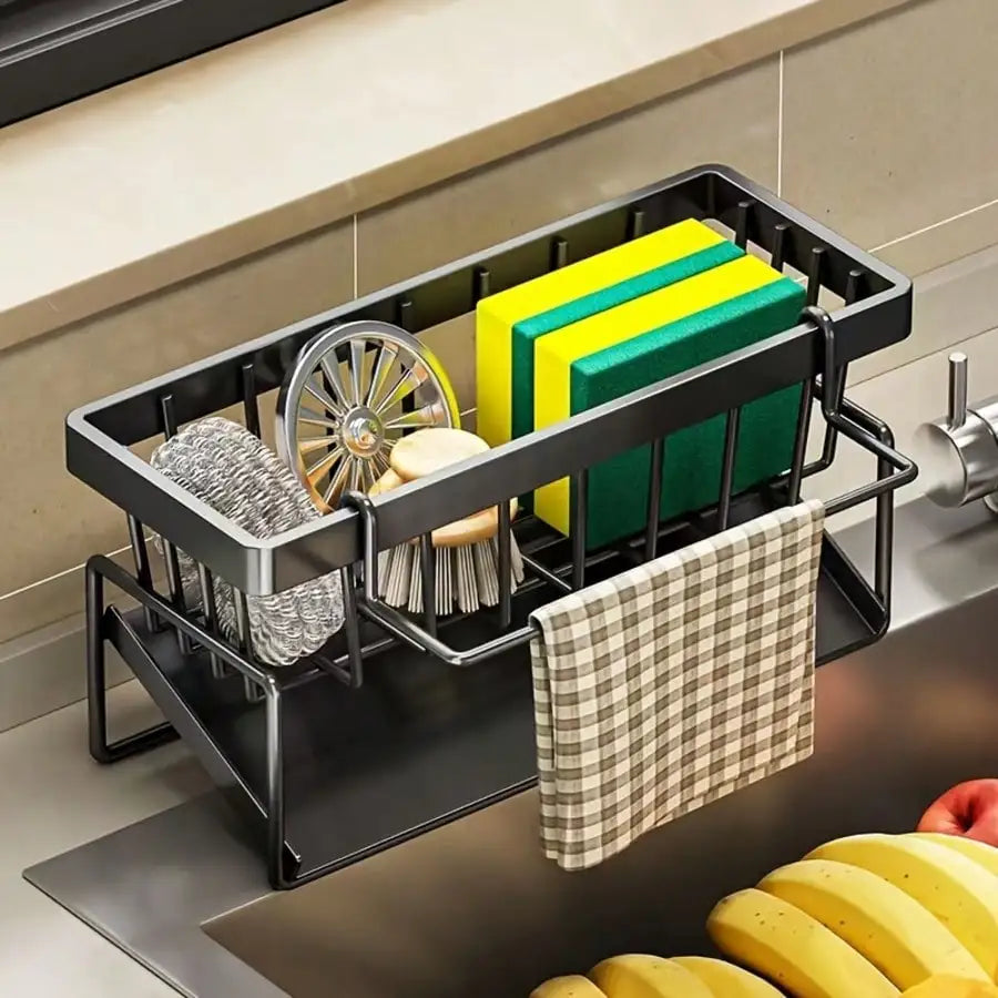 S And B Enterprise stainless steel draining kitchen sponge shelf with towel rack and sloped design