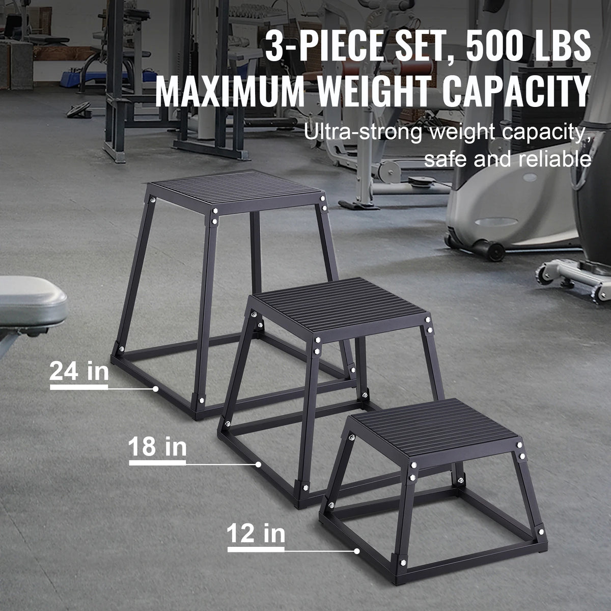 Black three-piece plyometric jump box set (12, 18, 24 in) with anti-slip platforms for agility training