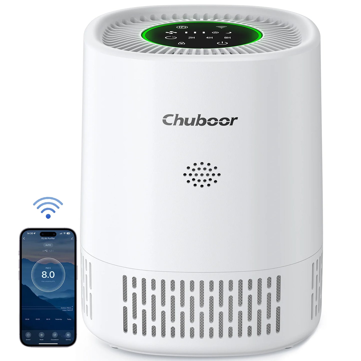 Chuboor air purifier with H13 HEPA filtration, white cylindrical design, app-controlled with green LED top panel