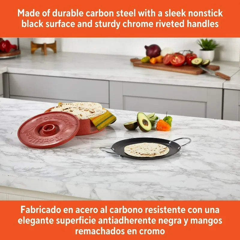 9-inch carbon steel nonstick round comal with metal handles, black surface