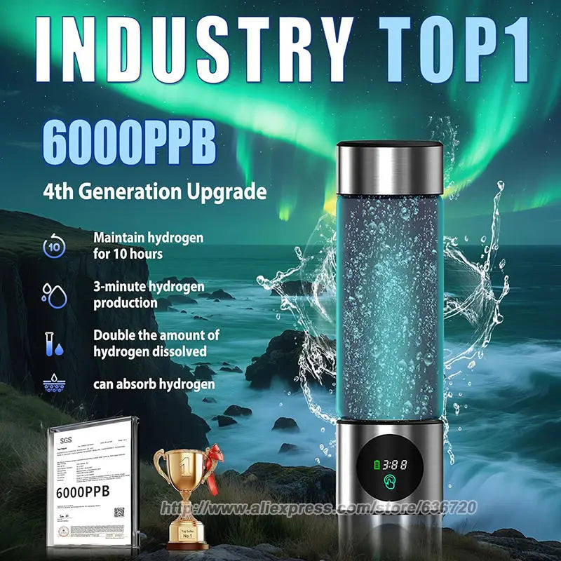 Hydrogen water bottle by S And B Enterprise, blue bottle with stainless steel cap and digital display.