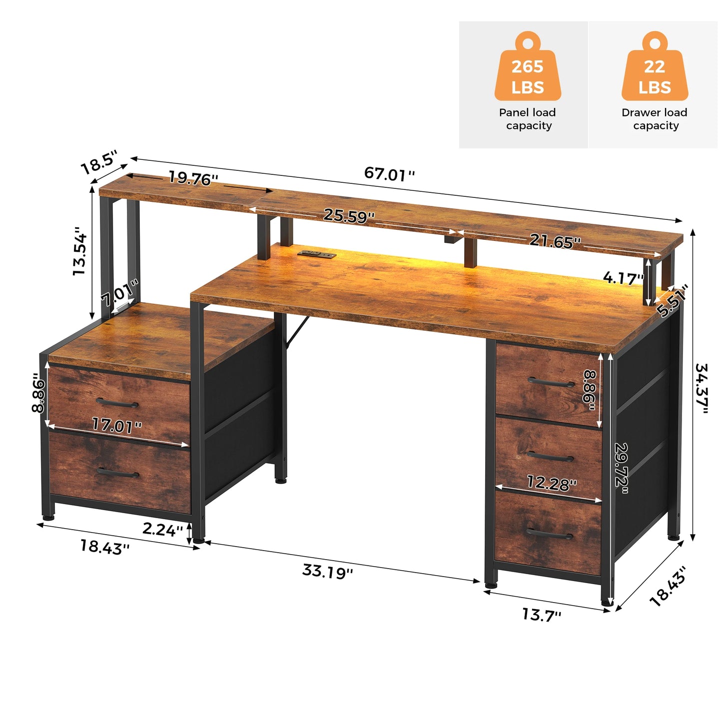 JHK Gaming Computer Desk With LED Lights And Drawers