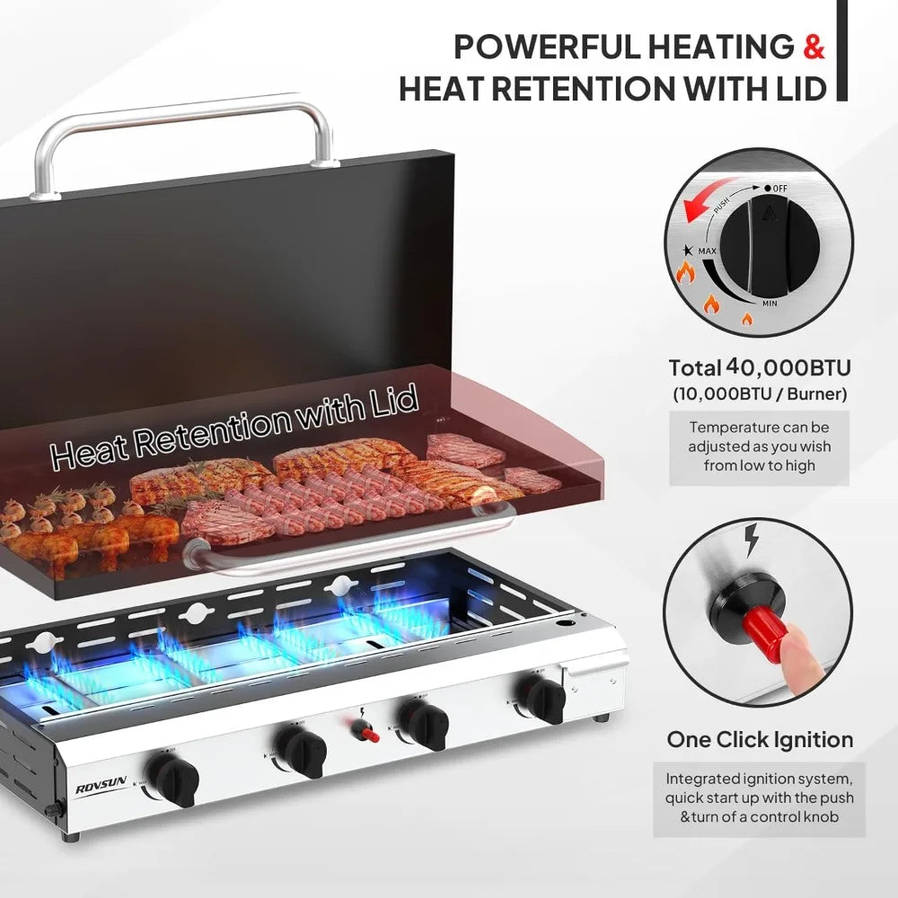 ROVSUN 4 Burner Portable Propane Griddle With Enameled Tray