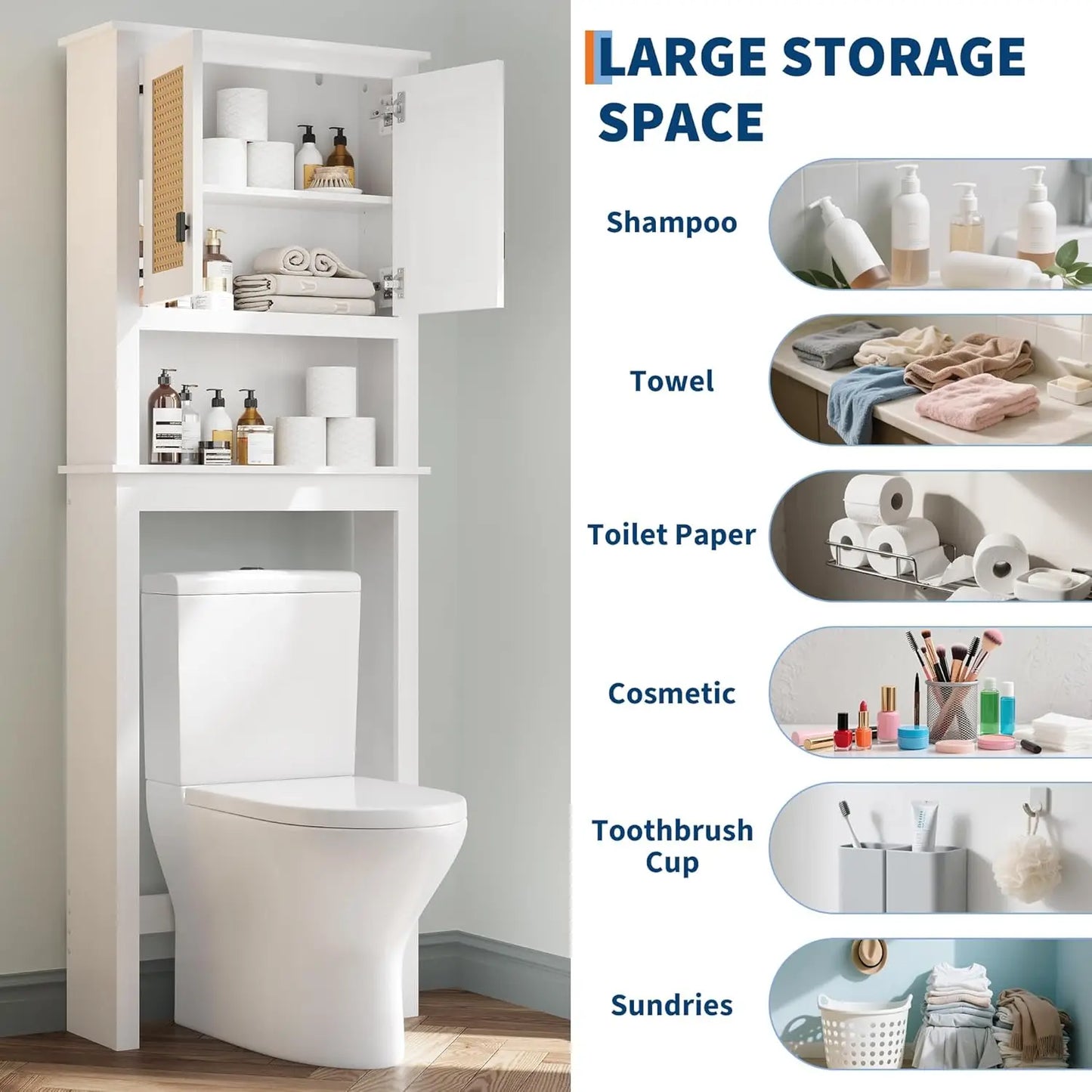 Farmhouse Over Toilet Storage Cabinet With Adjustable Shelf And Rattan Doors