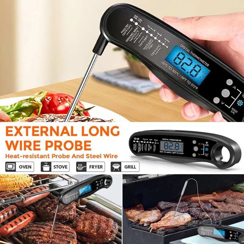 Dual-probe digital BBQ meat thermometer with black handheld unit and blue LCD display