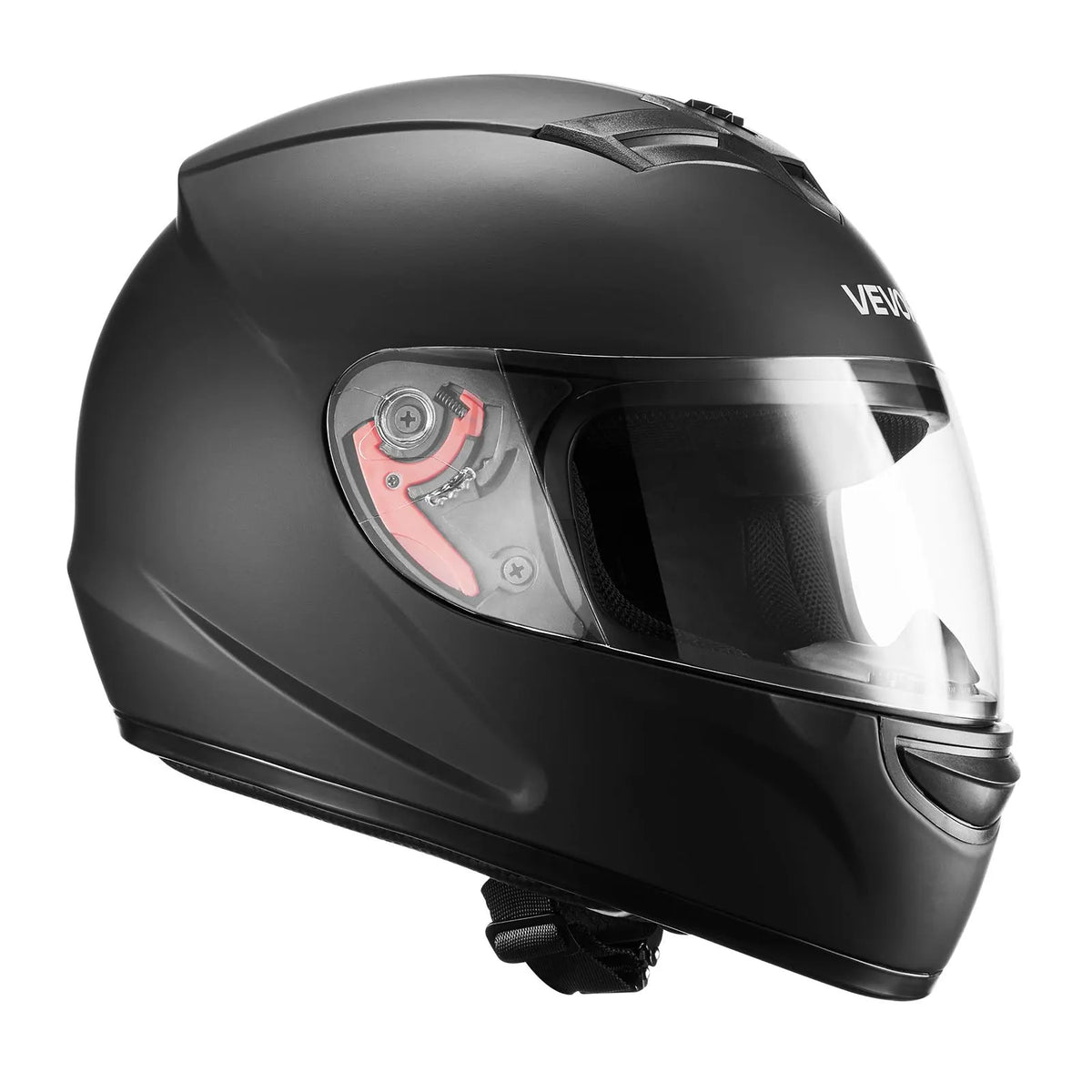 Full-face matte black motorcycle helmet with clear visor and visible red visor hinge.