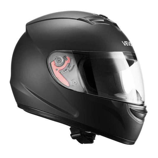 Full-face matte black motorcycle helmet with clear visor and visible red visor hinge.