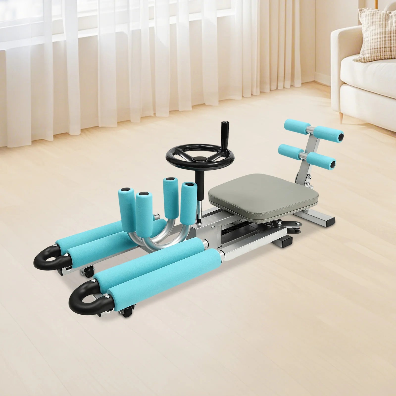 Leg stretcher machine with turquoise foam pads and adjustable frame in a home gym