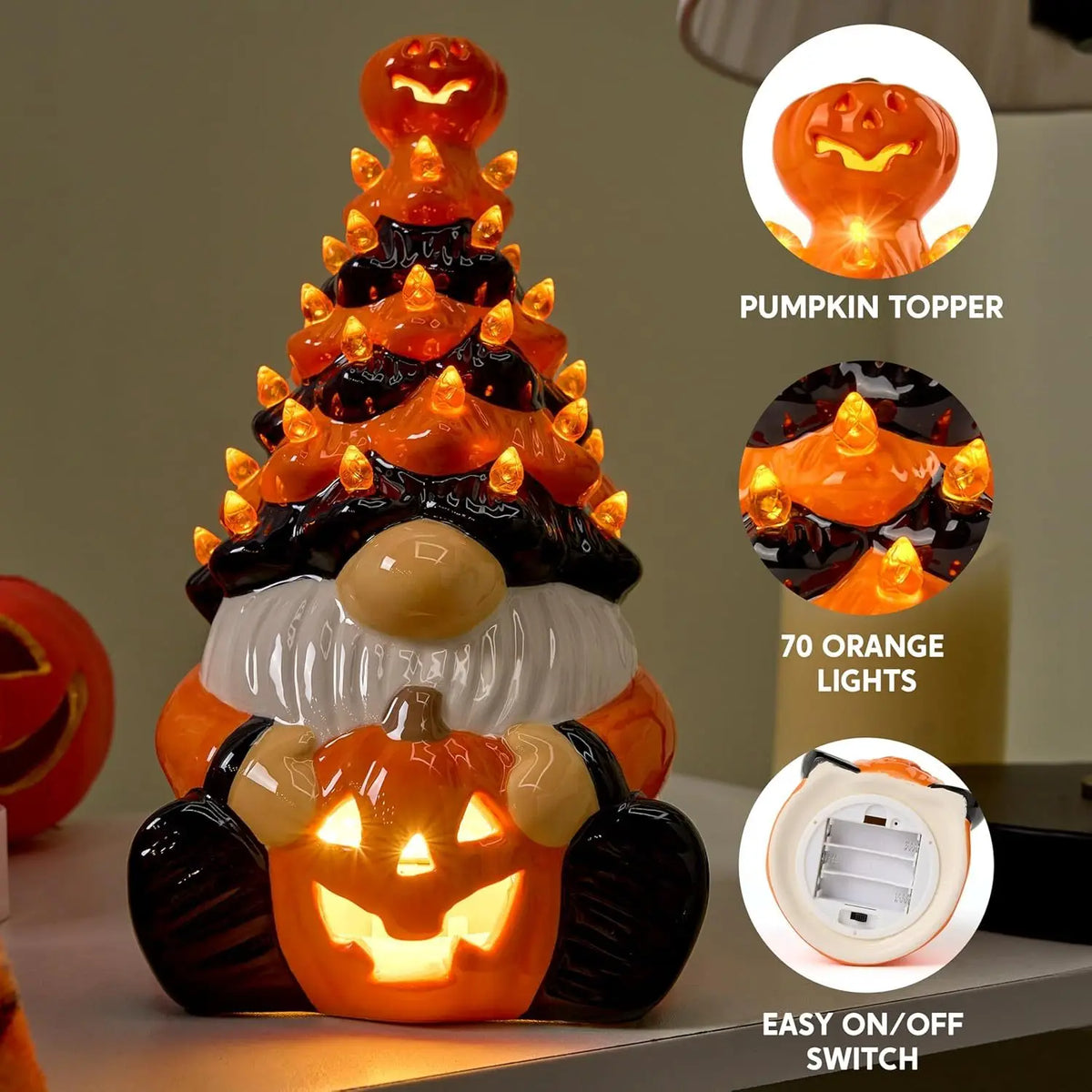 Halloween Pumpkin Gnome Ceramic LED Tabletop Decor For Autumn Parties