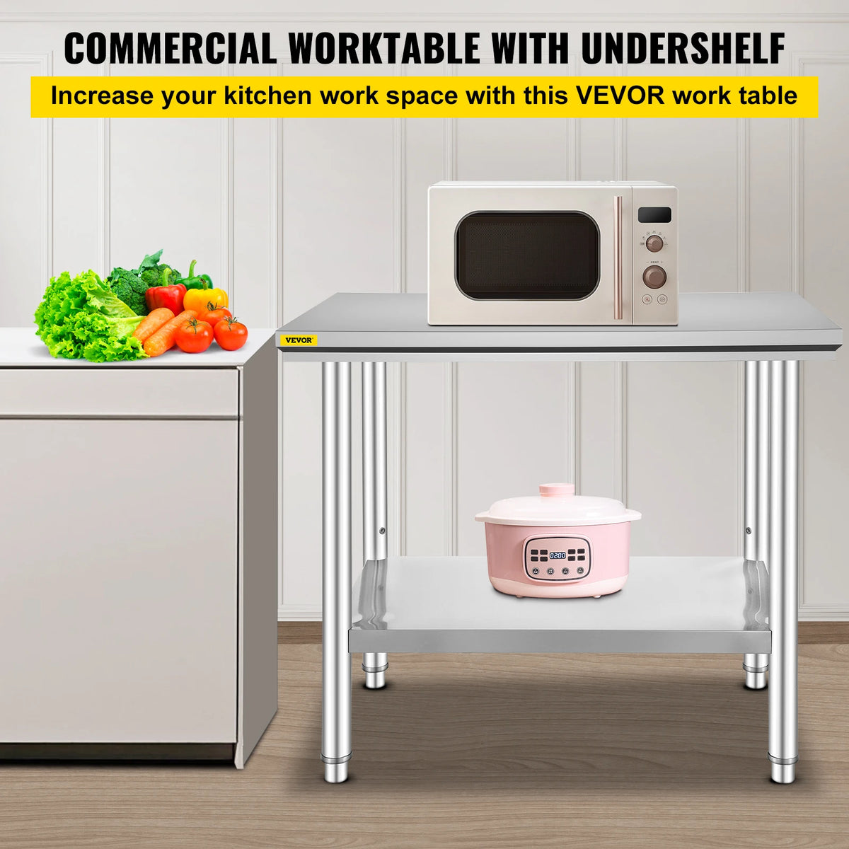 Stainless steel commercial kitchen work table with undershelf; VEVOR logo, microwave on top, pink rice cooker on lower shelf.