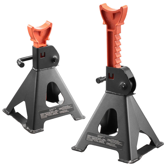 Two heavy-duty steel jack stands with orange adjustable screw posts and locking features, 3-6 ton capacity