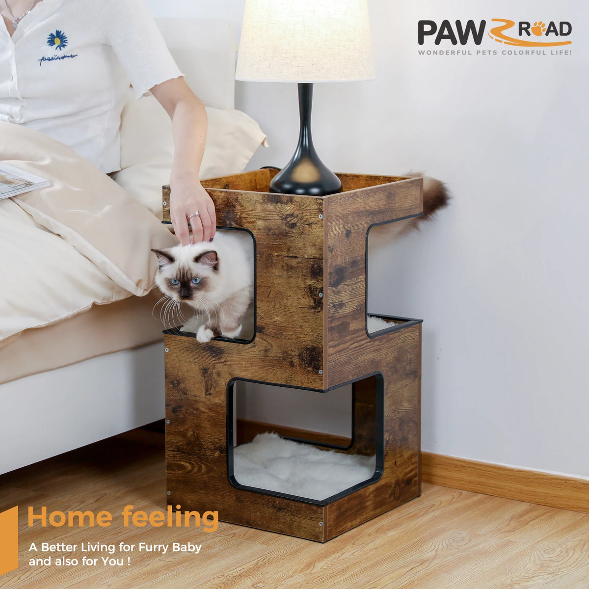 Wood cat condo house bed with removable mats, brown wooden cat tree tower with scratching pad by S And B Enterprise.