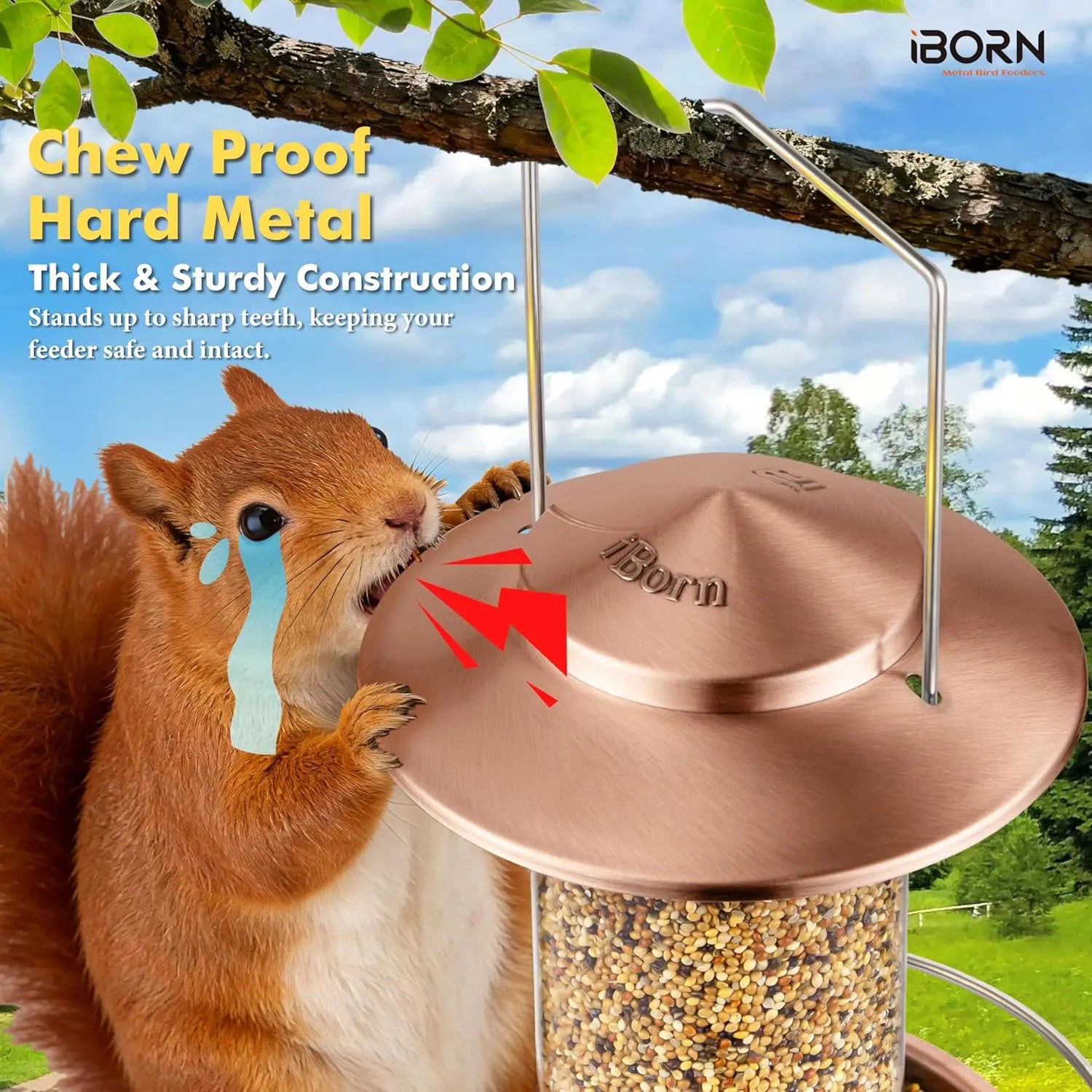 iBorn brushed copper metal squirrel-proof bird feeder for outdoors with 3 perches and 1.5lb seed capacity