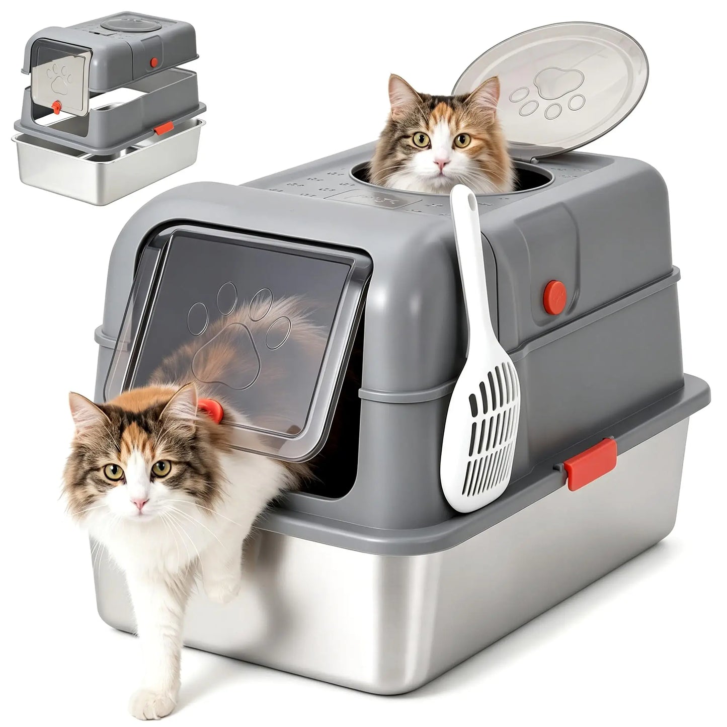 Enclosed Stainless Steel Litter Box With Lid Dog Proof XL Metal Litter Pan High Sided Anti Leak Front Entry Top Exit For Big Cats Includes Scoop For Multi Cat Home by S And B Enterprise