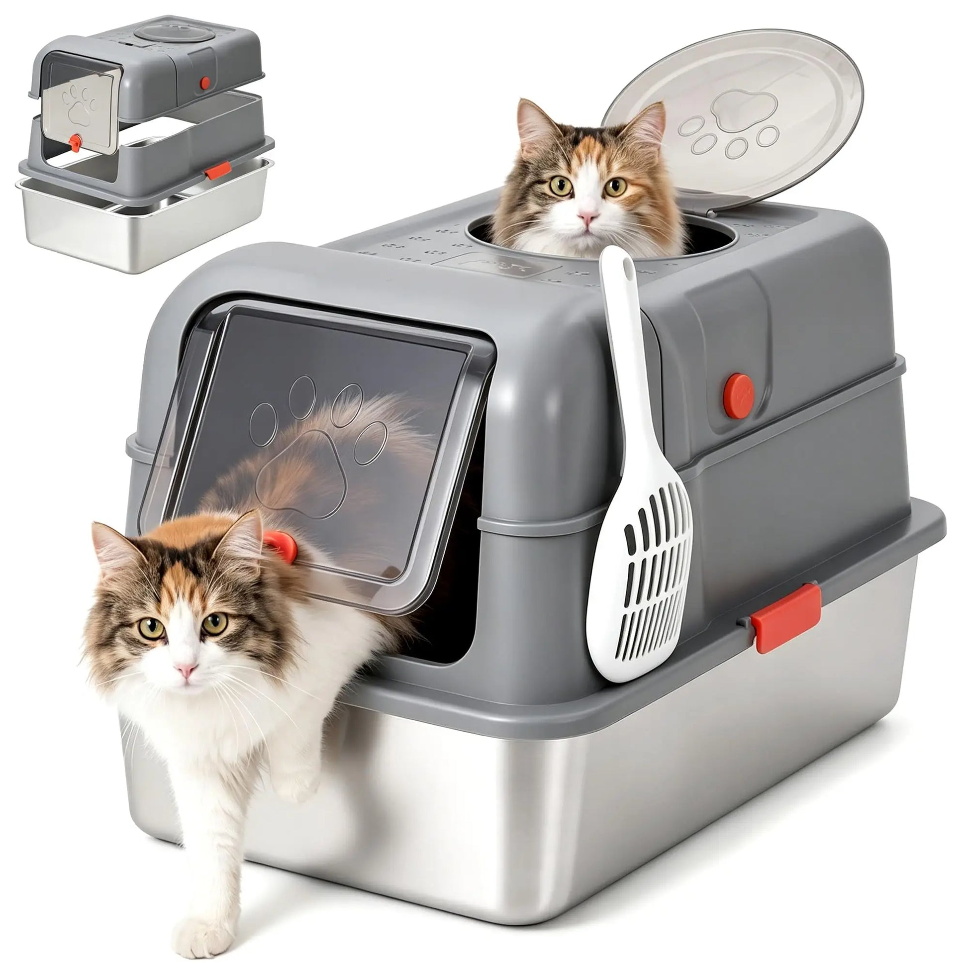 Enclosed Stainless Steel Litter Box With Lid Dog Proof XL Metal Litter Pan High Sided Anti Leak Front Entry Top Exit For Big Cats Includes Scoop For Multi Cat Home by S And B Enterprise