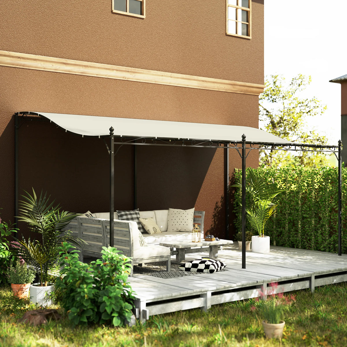 Pergola canopy, 10' x 16', cream white metal for outdoor patio seating area