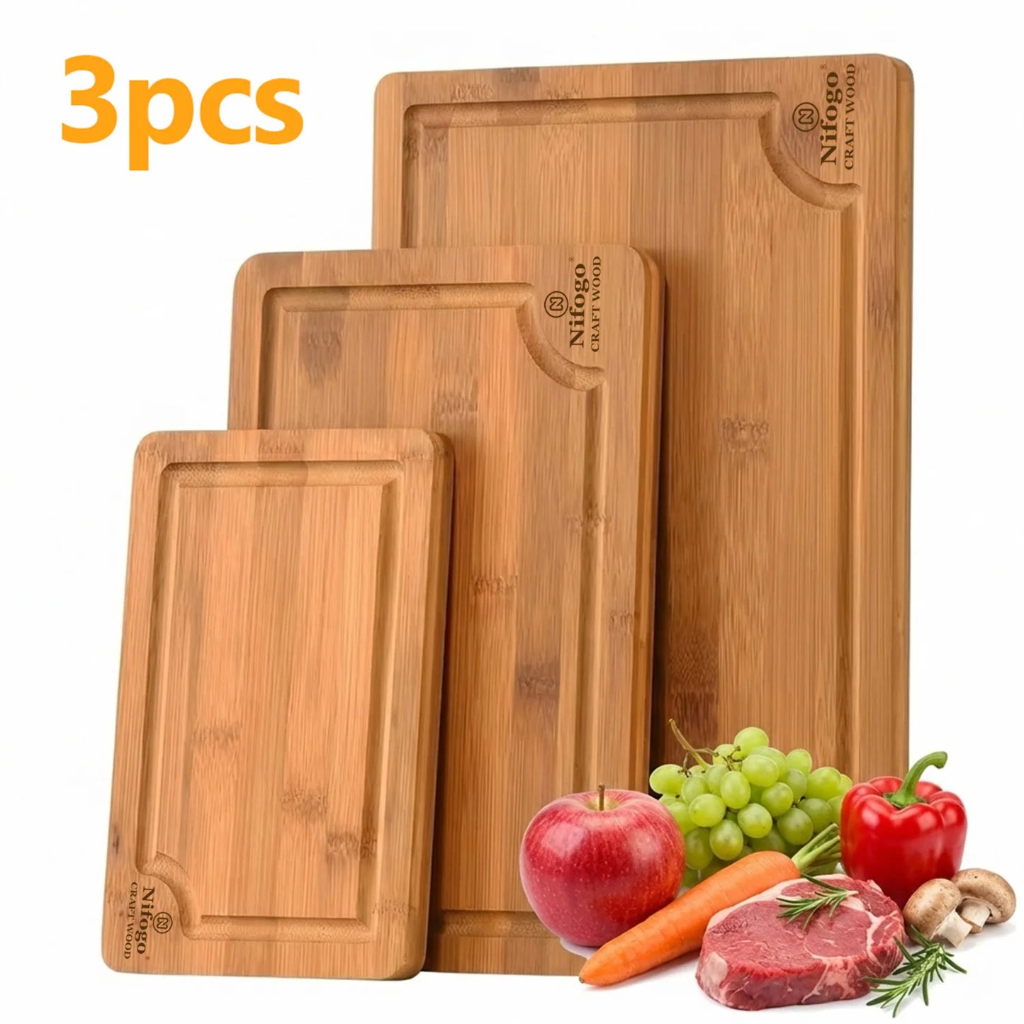 Bamboo Cutting Boards 3-Piece Set (S/M/L) with Juice Grooves & Non-Slip Handles, Durable Chopping Boards & Serving Trays by S And B Enterprise