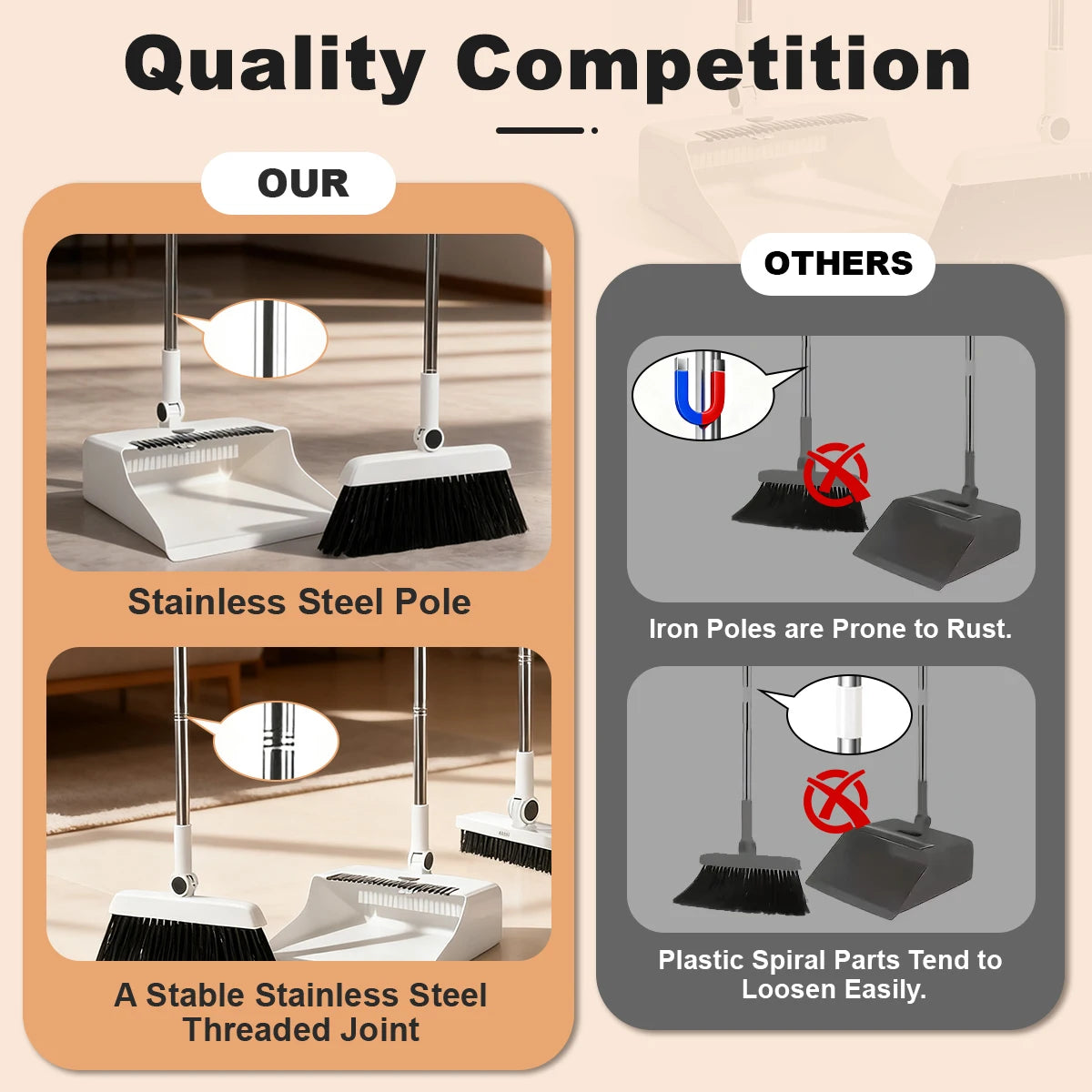 3 In 1 Broom And Dustpan Set With Ergonomic Handle