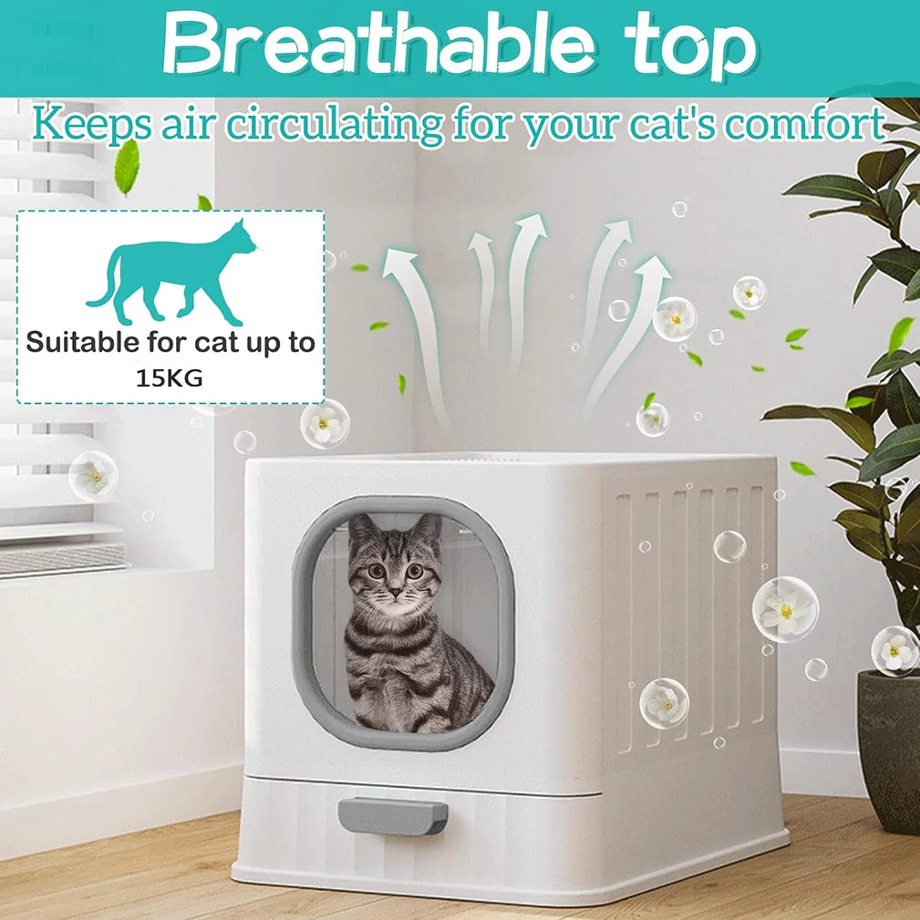 Leak-Proof Enclosed Cat Litter Box With Drawer Scoop Lid