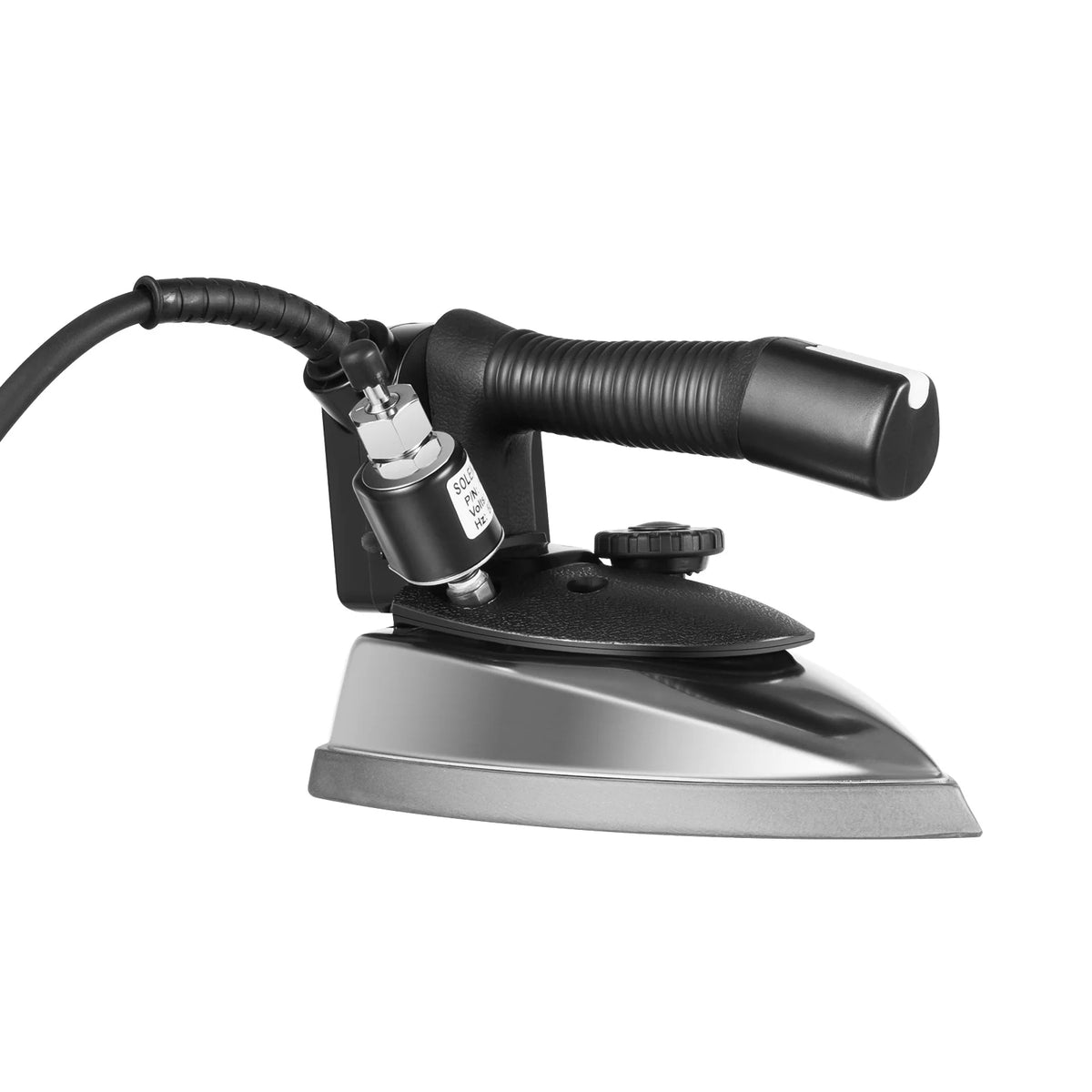 Electric steam iron by S And B Enterprise; black handheld iron with ribbed grip and control dial.