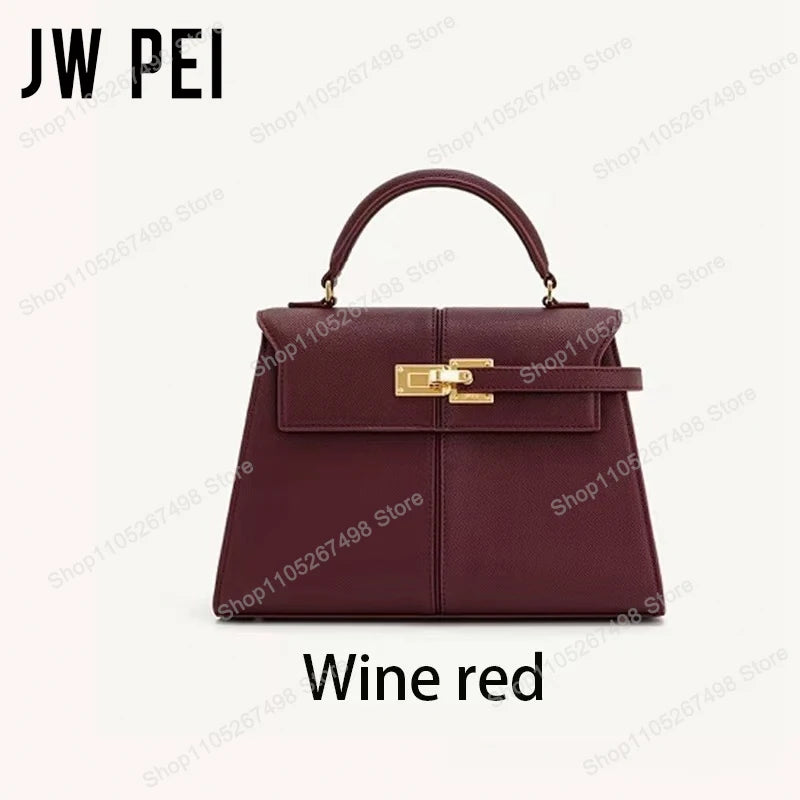 JW PEI Elise wine red genuine leather trapezoid top-handle bag with gold hardware
