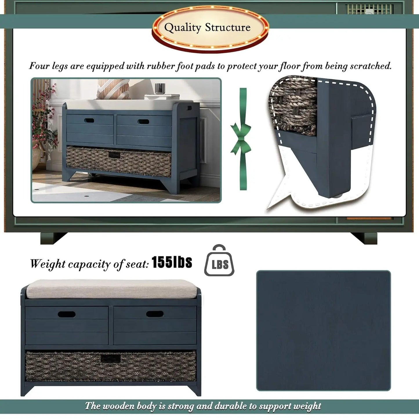 Upholstered Storage Bench for Entryway, Wood Storage Ottoman with Removable Basket and 2 Drawers, Farmhouse Shoe, Customized