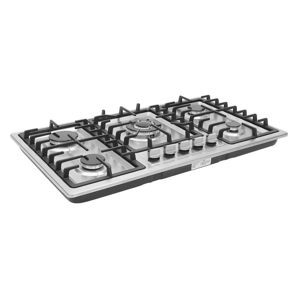 Stainless steel 5-burner gas cooktop with black cast-iron grates and front control knobs