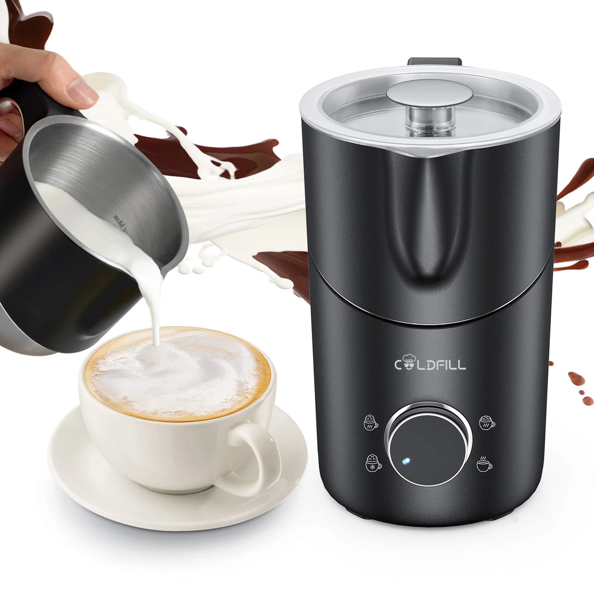 Milk frother and steamer 8-in-1, black electric frother with 400ml capacity and detachable steamer by Goldill