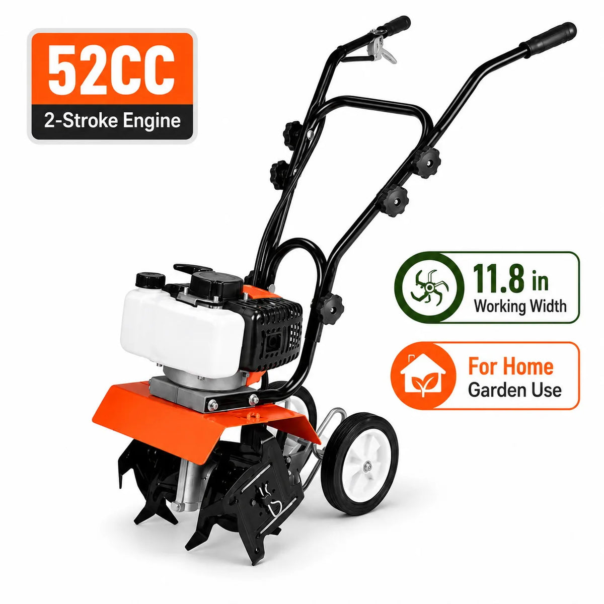 Gas-powered tiller cultivator, 52cc two-stroke engine, orange guard, 11.8 in working width for home garden.