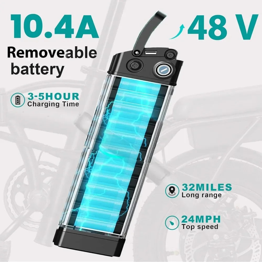 S And B Enterprise 48V removable battery for folding mini electric bicycle with blue-lit cells and 32 miles range