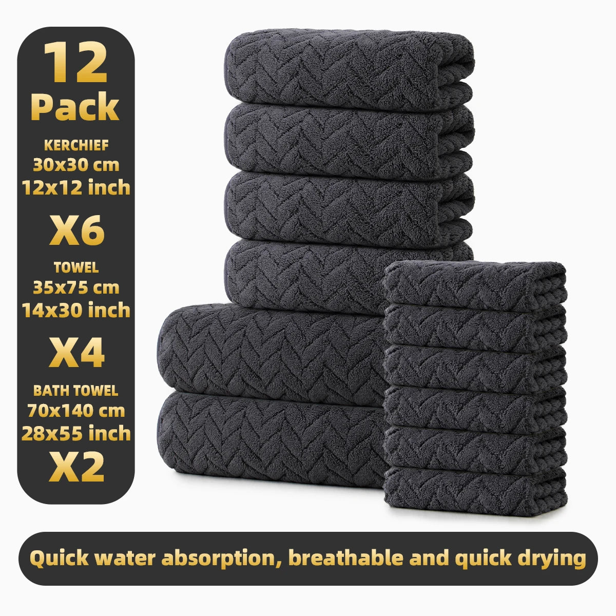 12-piece towel set in dark gray: 2 bath towels, 4 hand towels, and 6 face towels; soft and highly absorbent.