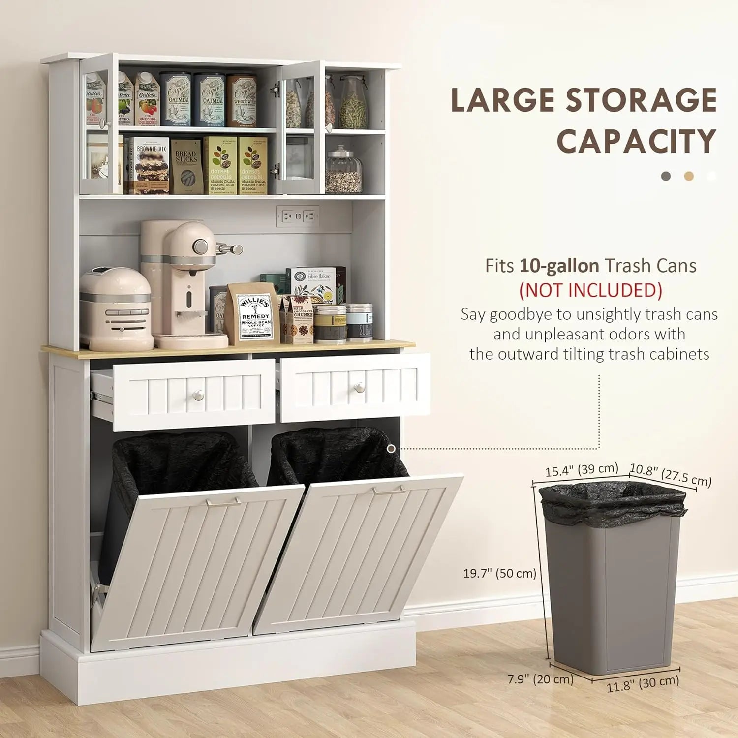68" Kitchen Pantry Storage Cabinet with Charging Station, 2 Tilt Out 10 Gallon Trash Can Cabinets and Drawers,, Customized by S And B Enterprise