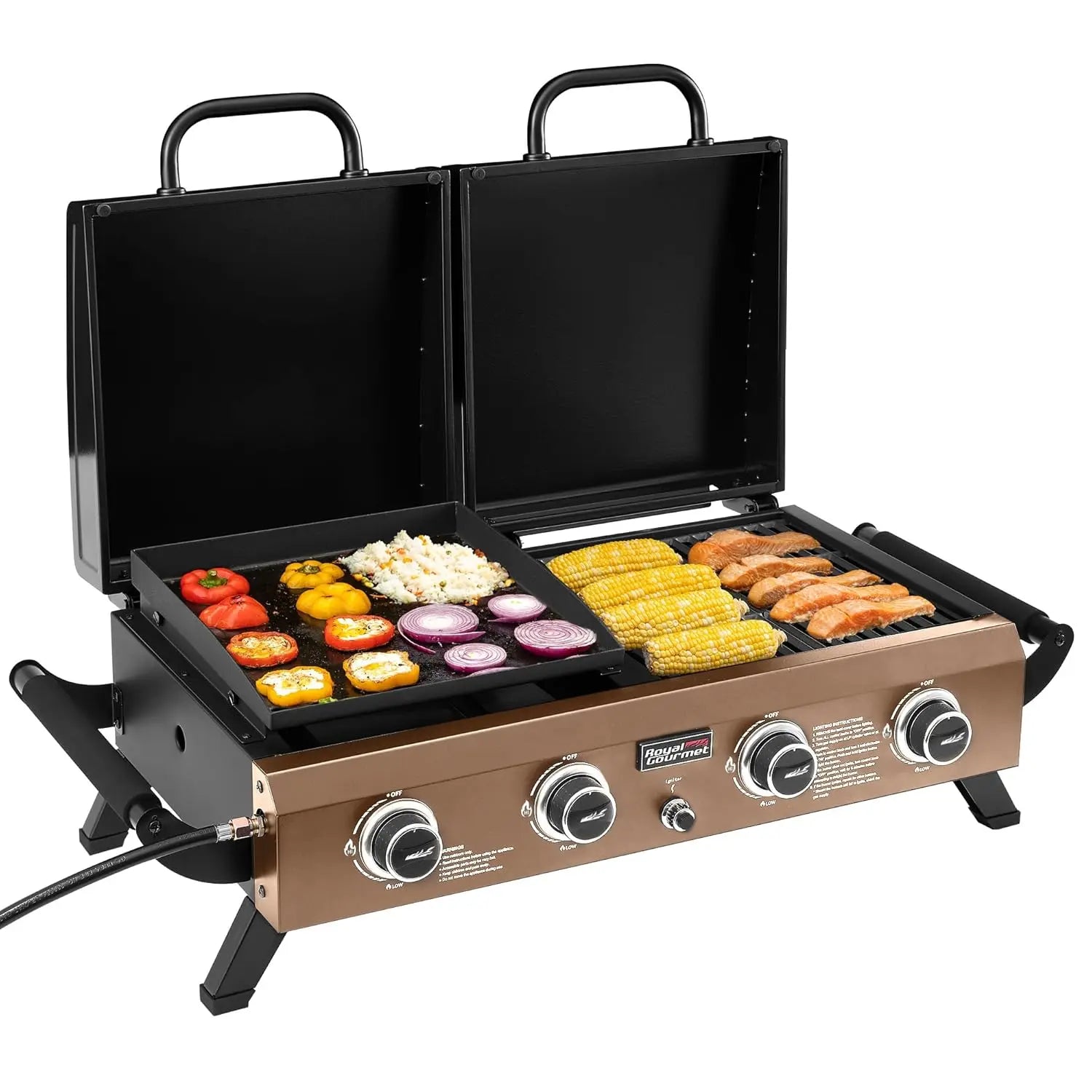 S And B Enterprise GD4002TPY portable table-top grill and griddle with hood, 4-burner propane.