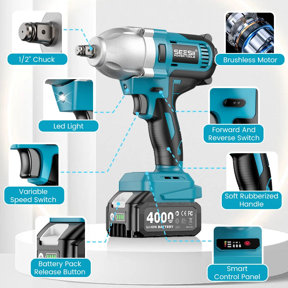SEESII WH710 Pro cordless brushless impact wrench, 1/2 inch chuck, blue teal with 4.0Ah battery and LED light