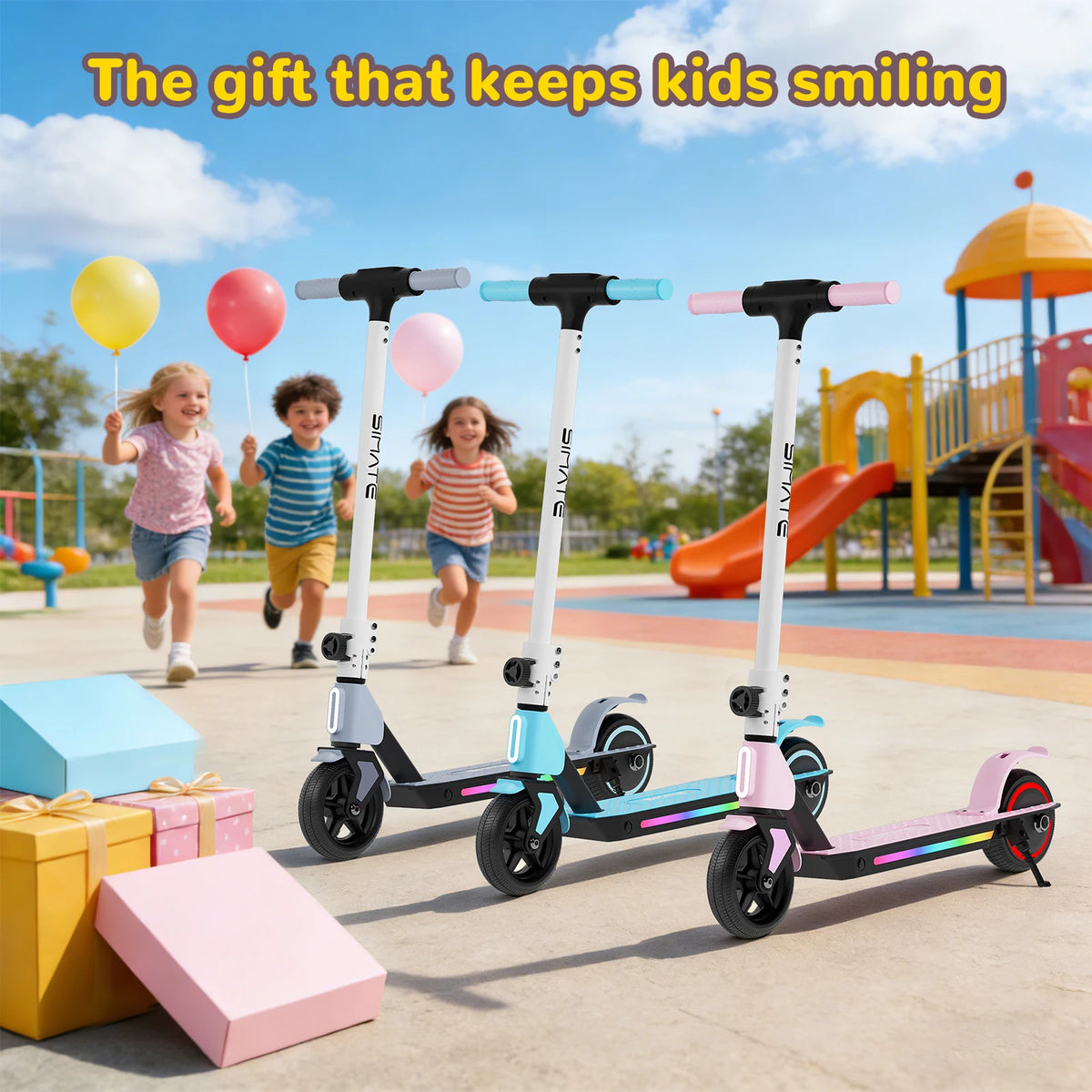 SIMATE kids electric scooter; three foldable aluminum-frame models with LED lights