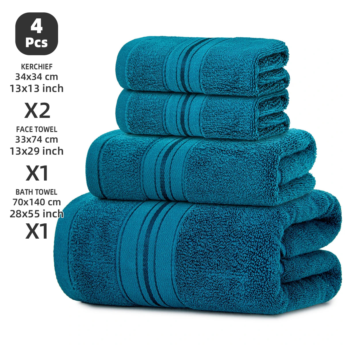 4-piece teal luxury pure cotton towel set: 1 bath towel, 1 face towel, 2 washcloths.